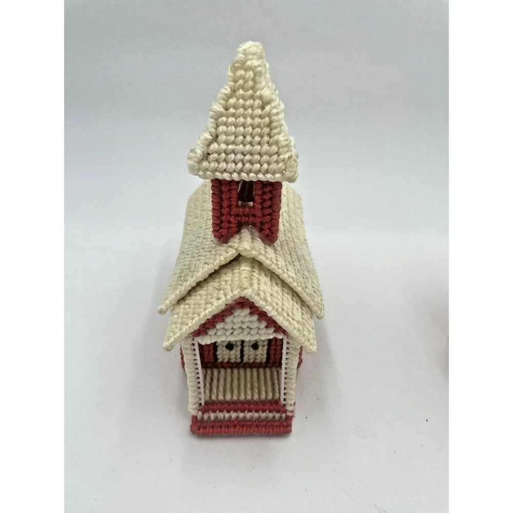 Vtg 70s Handmade Yarn Needlepoint Completed‎ School House Candy Plastic Canvas